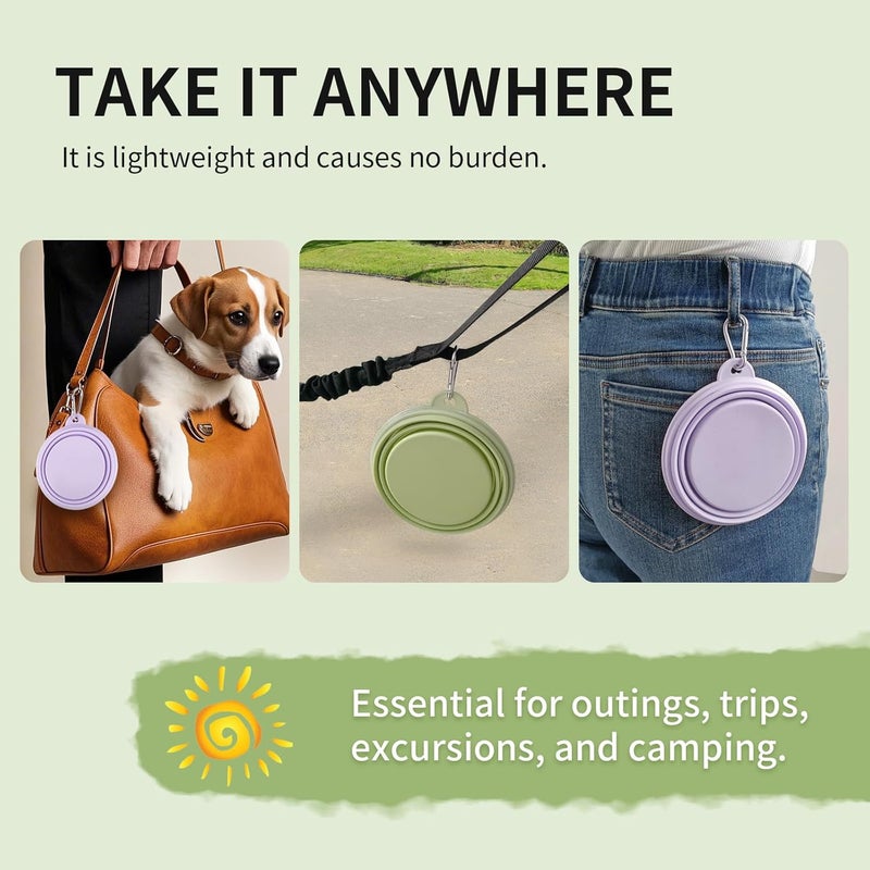 TECOPH Collapsible Dog Bowls 2-Pack, Portable Travel Dog Bowl with Carabiner, Food-Grade Silicone Pet Bowl for Hiking, Walking(Macaron Violet and Green) - Image 5
